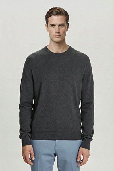 Sabri Özel Gray Standard Fit Wool Blend Crew Neck Knitwear Men's Sweater