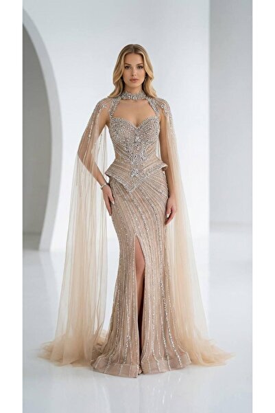 aşkın göksu Bej Kare Yaka Kollar Pelerinli Derin Yırtmaçlı İthal Kadın Abiye