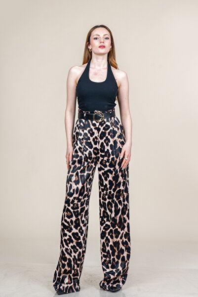 MissVina Double Pleated Leopard Pattern Loose Satin Trousers with Belt and Po...