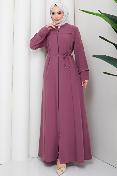 hafsamina Lace-Up Sleeve Embroidered Ferace Dried Rose Hm2854