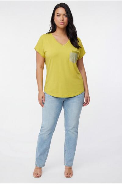 Verdavia Women's Plus Size Pocket Print Detail White-Yellow Blouse