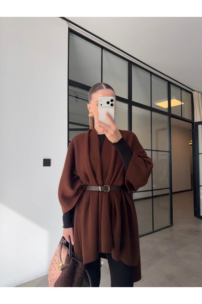 BB Bensu Buyruk Belted Knitted Shawl Brown