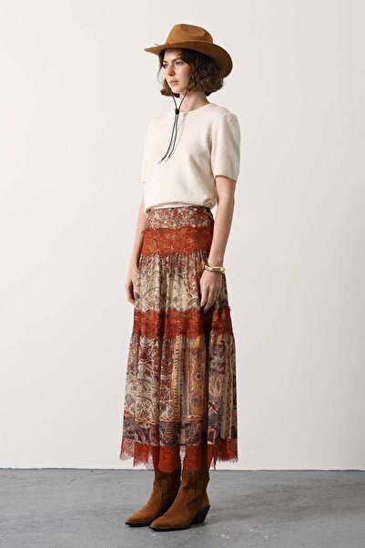 SONGÜLBERİK Women's Lace Detailed Ethnic Patterned Bohemian Long Skirt - Mult...