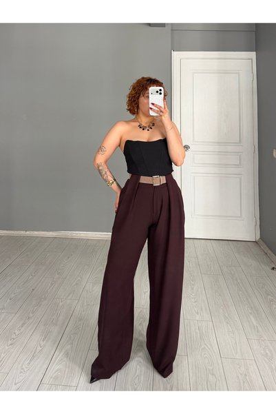 Bak'ap Premium Trend Köprü Detay Süet Kemerli Bol Paça Kumaş Pantolon