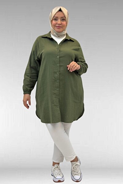 Eslina 58091 Büyük Beden Kolları Lastikli Müslin Gömlek - Haki