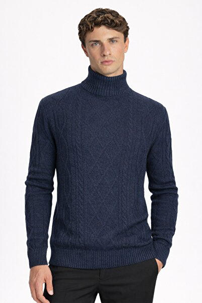 Sabri Özel Dark navy regular fit wool blend patterned full turtleneck men's k...