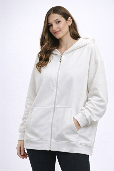 NEW JOURNAL Women's Ecru 3 Thread Hooded Zippered Oversize Sweatshirt Nj105