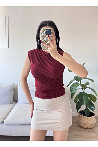 Zoom Butik Drapeli Kolsuz Bluz - BORDO