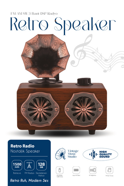 Kensa Nostaljik Retro Tasarım Gramofon Görünümlü Müzik Çalar 1500 mAh FM/USB/...