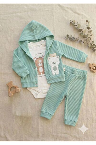 Lika&Nika Yenidoğan Hastane Çıkışı Hediyelik 3'lü Bebek Seti - Kapüşonlu Mavi...