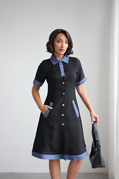 bacc Black Denim Garnished Buttoned Tencel Woven Dress Bchn-2526114