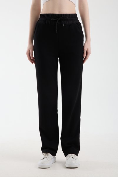 Warasiva Women's Black Straight-Leg Modal Fabric Sweatpants with Waist Tie and Pockets (Suitable for Height 1.65 and Below)