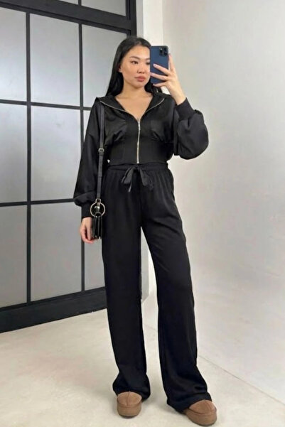 cemo Women's Zippered Hooded Double Set Black (3)