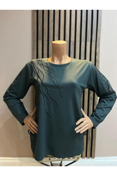 AKMAVİ Women's Middle Age and Above Baguette Stone Mother Combed Cotton Blouse