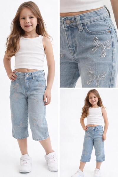 Roza Girl's Stone Detailed Bow Patterned Denim Capri -7886