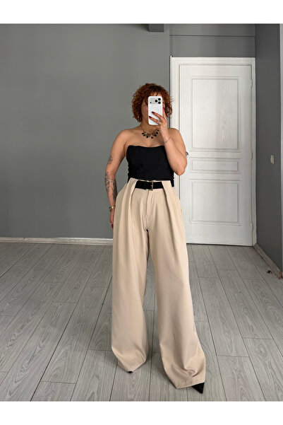 Bak'ap Premium Trend Bridge Detail Suede Belted Wide Leg Fabric Trousers