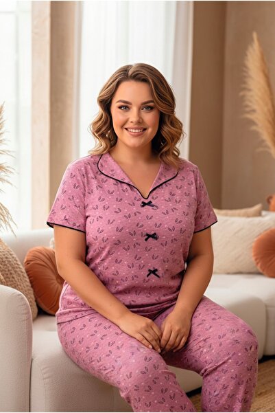 LİLA İÇ GİYİM Battal Bow Viscose Short Sleeve Pajama Set
