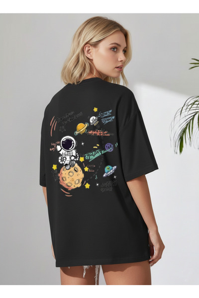 KVİNS Black Oversize Unisex Astronaut and Galaxy Printed Crew Neck Cotton T-S...