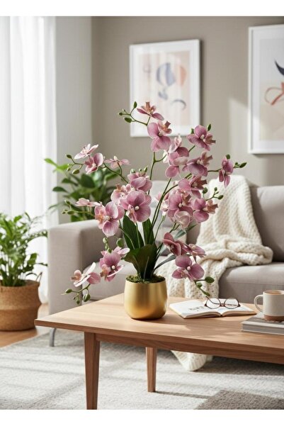 Nettenevime Yapay Çiçek Pudra 9 Dallı Islak Orkide Gold Altın Metal Saksıda S...