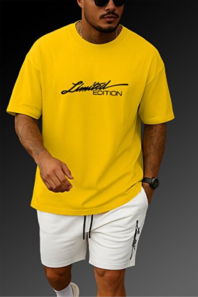 Elvino Limited Edition Printed Double Oversize Yellow T-Shirt Shorts Men's Set