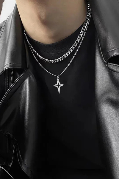 Köstebek قلادة كريستال بسلسلة مزدوجة فضية