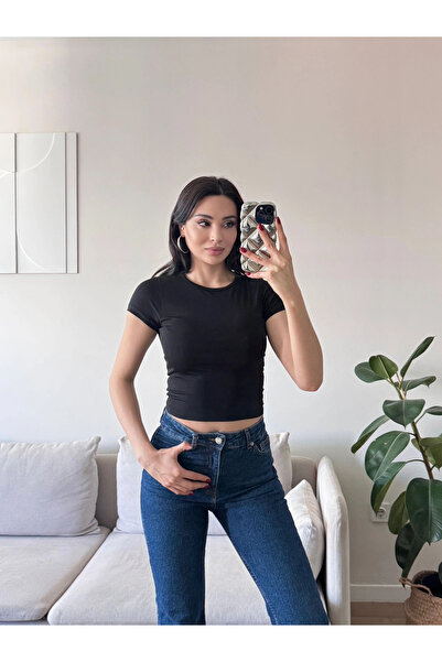 Zoom Butik Kısa Kol Basic Crop - SİYAH