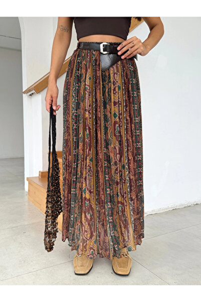 cemo Kadın Desenli Pileli Midi Etek