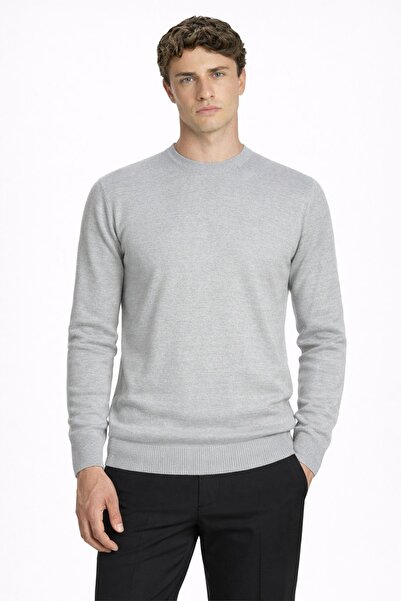 Sabri Özel Gray Standard Fit Wool Blend Crew Neck Plain Men's Knitwear Sweater