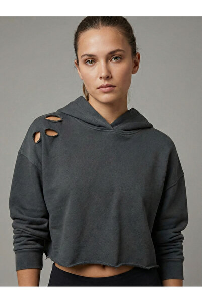 NEW JOURNAL Women's Green Ripped Detailed Crop Sweatshirt Nj96