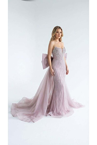 aşkın göksu Pudra Straplez Beden Taş İşlemeli Demonte Kuyruklu Kadın Abiye