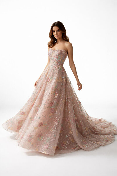 aşkın göksu Pudra Sırt Birit Bağcıklı Çiçek Ve Boncuk İşlemeli Straplez Yaka ...