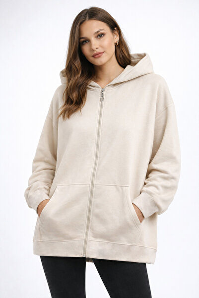 NEW JOURNAL Women's Beige 3 Thread Hooded Zippered Oversize Sweatshirt Nj105