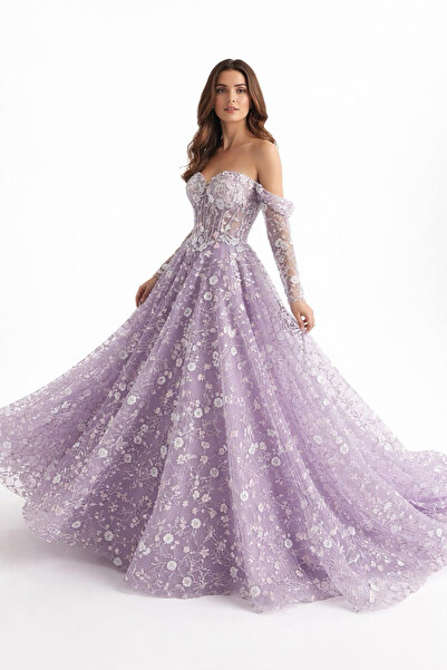 aşkın göksu Lila Straplez Yaka Demonte Kollu Çiçek Ve Boncuk İşlemeli Kadın A...