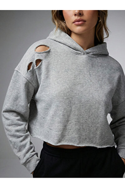 NEW JOURNAL Women's Gray Ripped Detailed Crop Sweatshirt Nj96