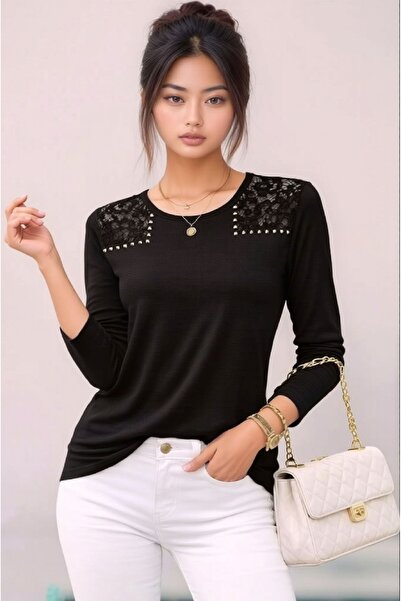 MAMAYAGA Women's Long Sleeve Crew Neck Lace and Staple Detail Casual Sporty S...