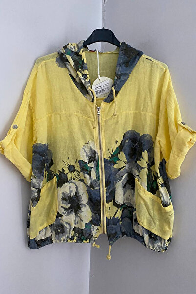 AYASOFYA OTANTIK Women's Italian Yellow Ethnic Bouquet Patterned Hooded Zippe...