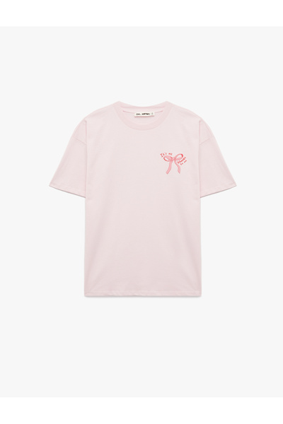 Koton Rahat Kalıp Kısa Kollu Bisiklet Yaka Arkası Baskılı Fiyonklu Tişört