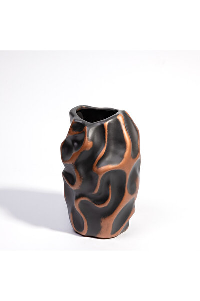 Malooki Ceramic Vase – Black and Copper with Abstract Wavy Design - 20 cm