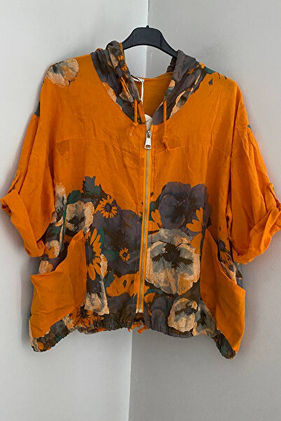 AYASOFYA OTANTIK Women's Italian Orange Ethnic Floral Pattern Hooded Zipper C...