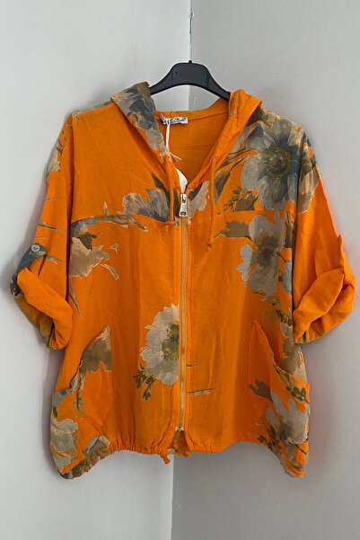 AYASOFYA OTANTIK Women's Italian Orange Ethnic Bouquet Patterned Hooded Zippe...