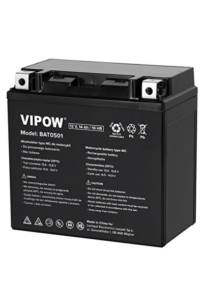 Vipow Motorcycle battery 12V 14Ah 160A, maintenance-free, 150x87x145 mm