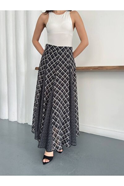 VESS MODA Special Design Plaid Patterned Long Skirt