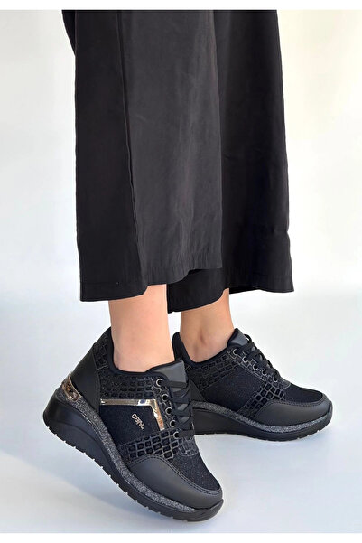 ALFA AKSESUAR 03 Geja Black Leather Lace-Up Sports Shoes