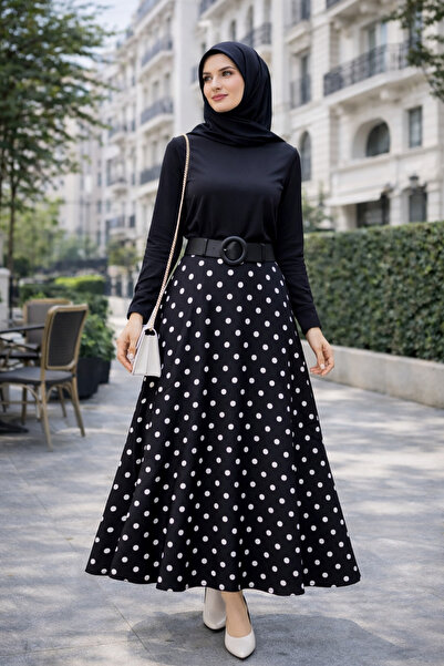 ŞIK VE MUTLU Polka Dot Hijab Belted Bell Model Chiffon Skirt