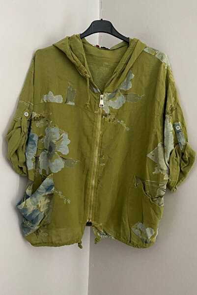 AYASOFYA OTANTIK Women's Italian Oil Green Ethnic Bouquet Patterned Hooded Zi...