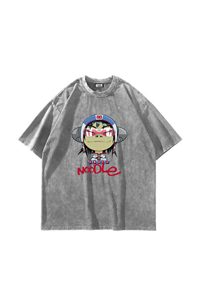 Bak Moda Tricou alb lavabil, oversize, unisex, cu imprimeu Gorillaz Noodle