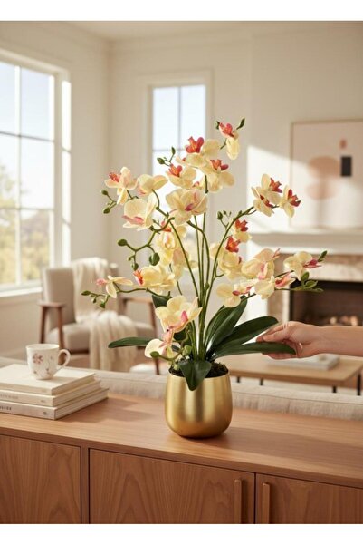 Nettenevime Yapay Çiçek Sarı Pembe 11 Dallı Islak Orkide Gold Altın Metal Sak...