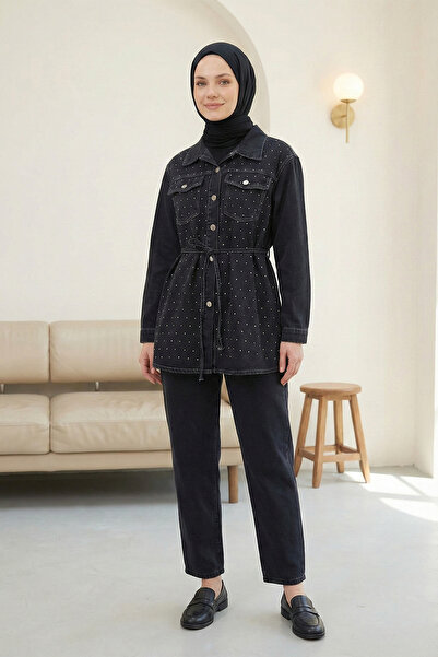 FERHEL Women's Stone Printed Buttoned Jacket and Trousers Denim Set - Black