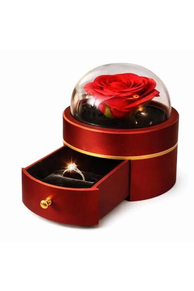 OEM Red Wooden Jewelry Box with Eternal Soap Rose in Glass Dome - Gift for Her