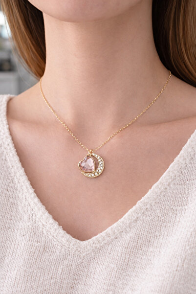 VENİV Moon & heart motif luxury stainless steel necklace with stone